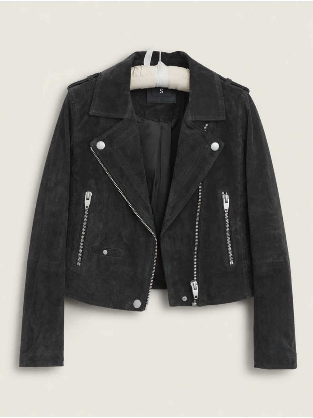 Blank NYV SL8 Black Charcoal Cropped Suede Moto Jacket Silver Zip Suede Small